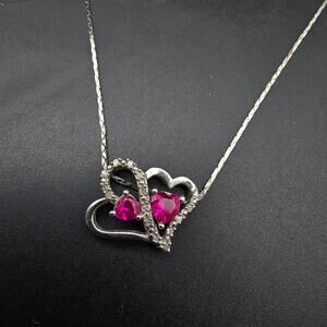 Sterling Silver Ruby Diamond Heart Pendant Necklace 925